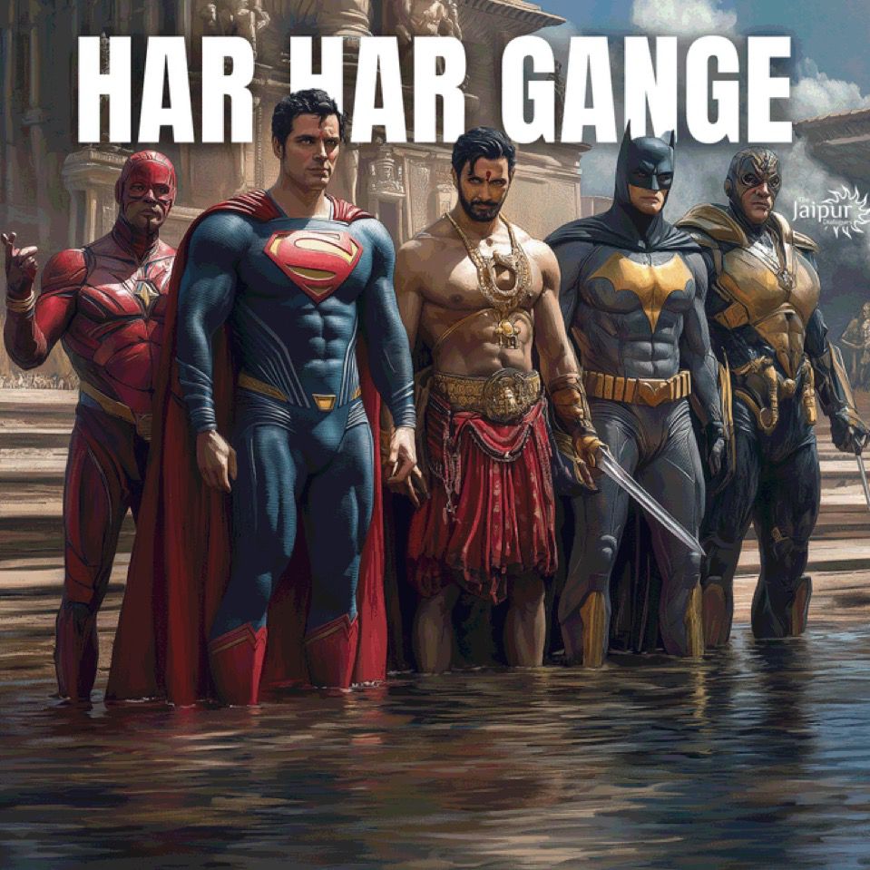 The Superheroes have assembled at Sangam!  Ready to take a holy dip guided by the local priest!
